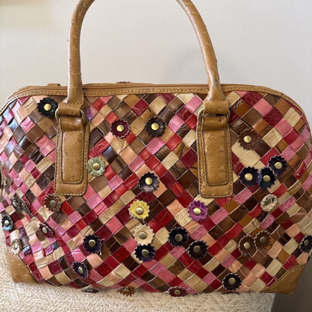 Handmade Woven Multi Color Leather Bohemian Bag with Flower Appliqué Accent